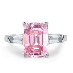 Three Stone Engagement Ring Pink Ring Sterling Silver Emerald Cut Engagement Ring