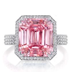 Halo Engagement Ring Emerald Cut Engagement Ring Sterling Silver Pink Ring