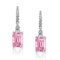 Emerald Cut Pink Sapphire Drop Earrings In Sterling Silver