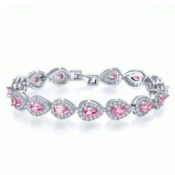 Halo Pear Cut Pink Topaz Tennis Bracelet In Sterling Silver