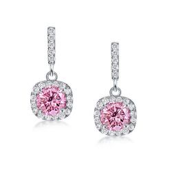 Halo Round Cut Pink Topaz Drop Earrings In Sterling Silver