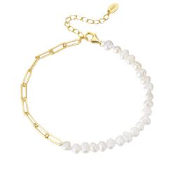 Yellow Gold Natural White Freshwater Pearl Bracelet