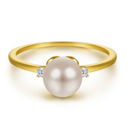 Yellow Gold Three Stone Pearl Engagement Ring
