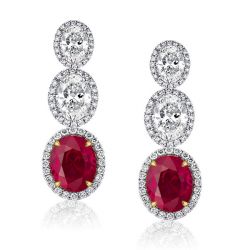 Halo Oval Cut Ruby & White Sapphire Drop Earrings For Women