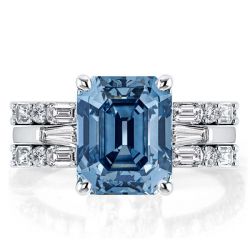 Emerald Cut Three Stone Blue Topaz Ring Set 3PC Wedding Set