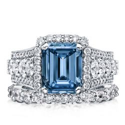 Halo Emerald Cut Blue Topaz Triple Row Bridal Rings Sets