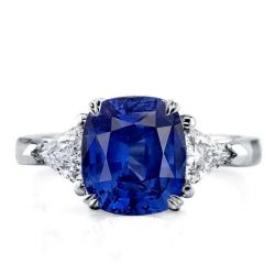 Italo Three Stone Cushion Cut Blue Sapphire Engagement Ring