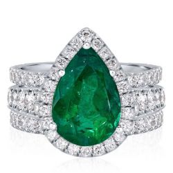 Italo Halo Pear Cut Emerald Color Sapphire 3PC Wedding Set