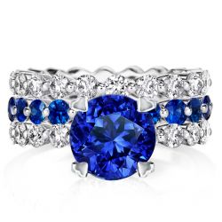 Round Cut Blue & White Sapphire Eternity 3PC Wedding Set