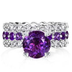Round Cut Purple & White Sapphire Eternity 3PC Wedding Set