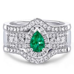 Italo Halo Pear Cut Emerald & White Sapphire 3PC Wedding Set