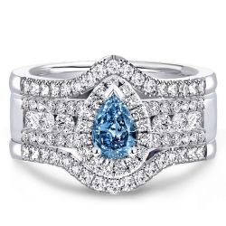 Italo Halo Pear Cut Blue & White Sapphire 3PC Wedding Set