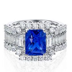 Italo Three Stone Radiant Cut Blue Sapphire 3PC Wedding Set