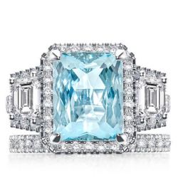 Aquamarine Radiant Cut Halo Engagement Ring Set