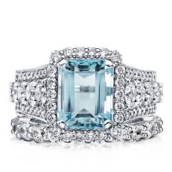 Vintage Halo Aquamarine Emerald Cut Enagement Ring Set