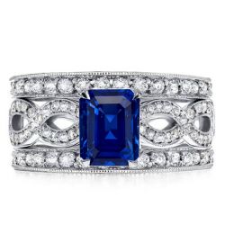Vintage Milgrain Emerald Cut Blue Sapphire Engagement Ring Set