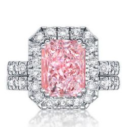 Radiant Cut Pink Sapphire Halo Engagement Ring Set