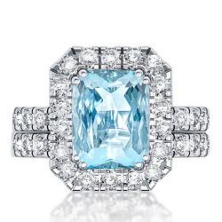 Radiant Cut Aquamarine Halo Engagement Ring Set