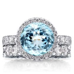 Aquamarine Halo Eternity Shank Engagement Ring Set