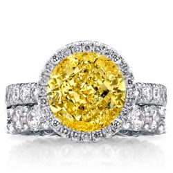 Halo Round Cut Yellow Topaz Engagement Ring Set With Eterinity Wedding Band