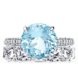 Aquamarine Engagement Ring Set With Cushion Eternity Wedding Band