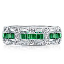 Emerald Wedding Ring Milgrain Art Deco Eternity Wedding Band
