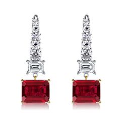 Italo Two Tone Emerald Cut Ruby Drop Earrings For Women