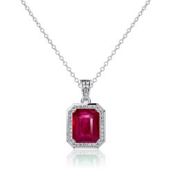 Halo Emerald Cut Ruby Pendant Necklace For Women