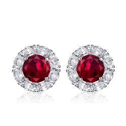 Classic Halo White & Ruby Sapphire Stud Earrings