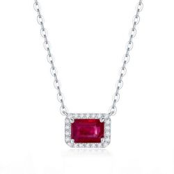 Italo Halo Emerald Cut Ruby Silver Pendant Necklace For Women