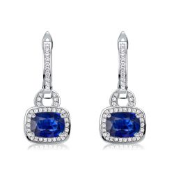 Italo Halo Cushion Cut Blue Sapphire Drop Earrings For Women