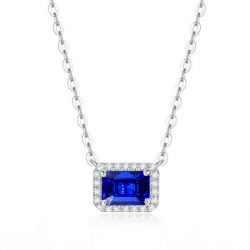 Italo Halo Blue Emerald Cut Pendant Necklace For Women