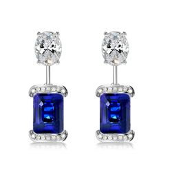 Blue Oval & Emerald Cut Drop Earrings For Women Silver Earrings