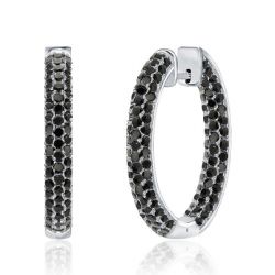 Italo Black Round Pave Setting Silver Hoop Earrings For Women
