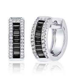 Italo Black Baguette & Round Cut Triple Row Sliver Hoop Earrings