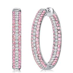 Micro-pave Pink Sapphire Oval-shaped Hoop Earrings For Women