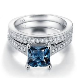 Italo Princess Cut Blue Topaz Engagement Rings Sets Bridal Set