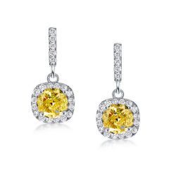 Round Cut Yellow Topaz Halo Drop Earrings In Sterling Silver