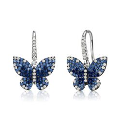 Dancing Butterfly Round Blue Sapphire Drop Earrings For Women