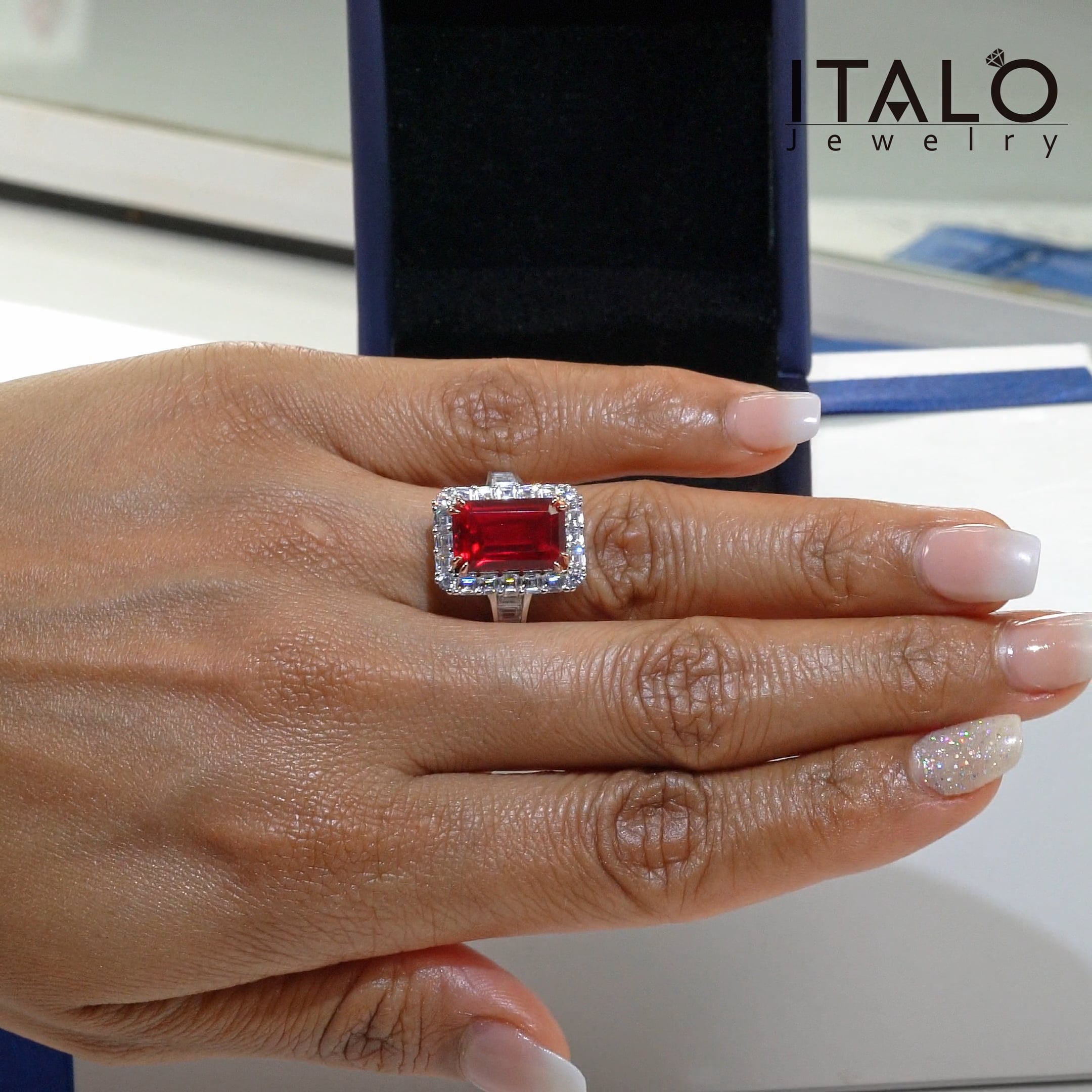 Italo Ruby Ring Halo Two Tone Emerald Cut Engagement Ring