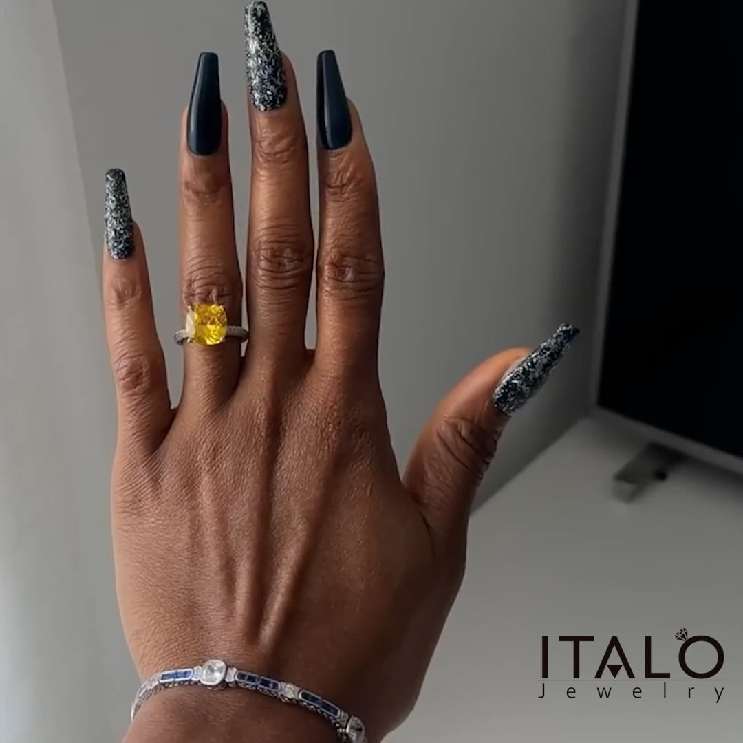 Yellow Topaz Hidden Halo Cushion Cut Engagement Ring