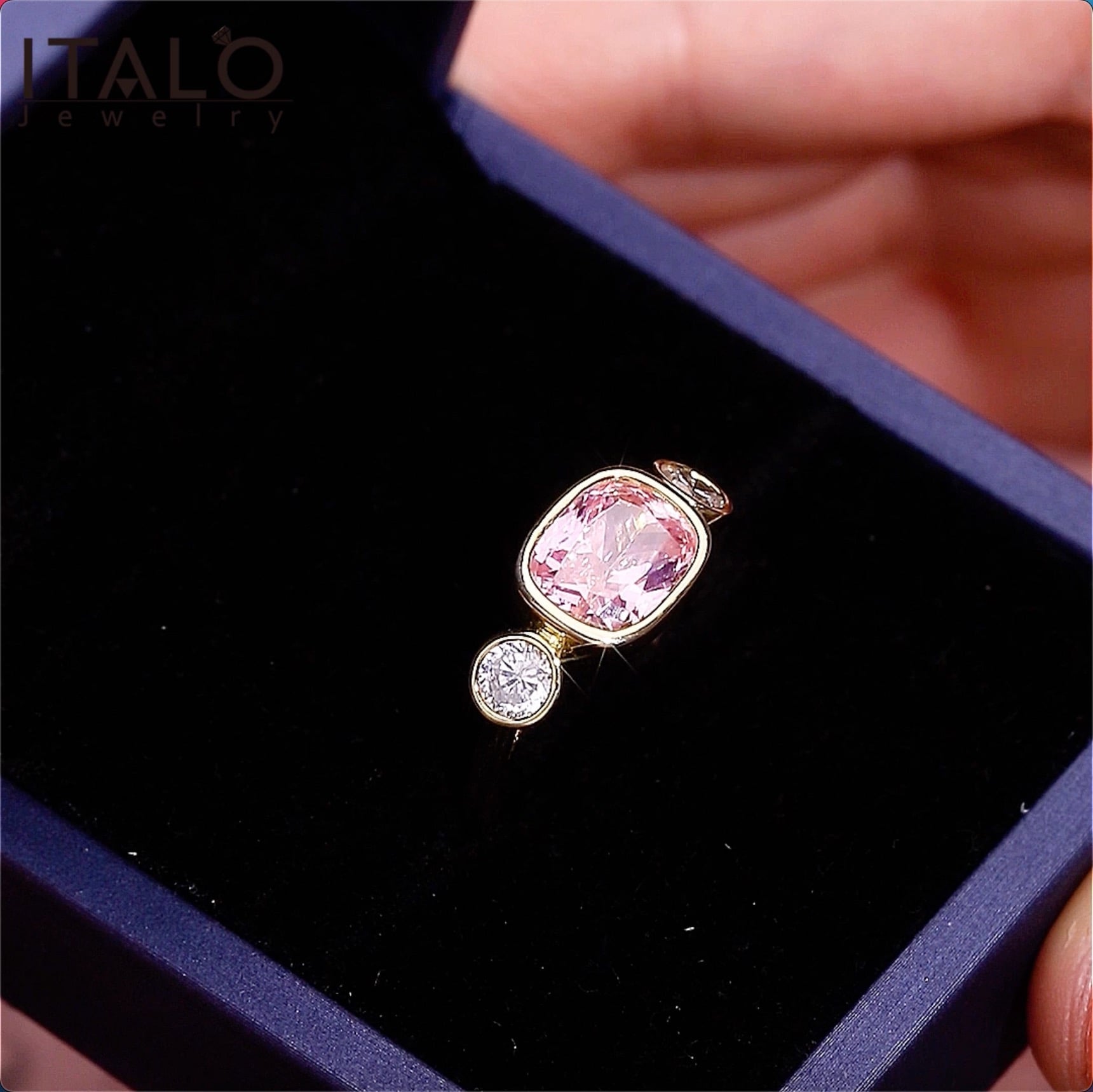 Italo Pink Ring Cushion Cut 3 Stone Engagement Ring