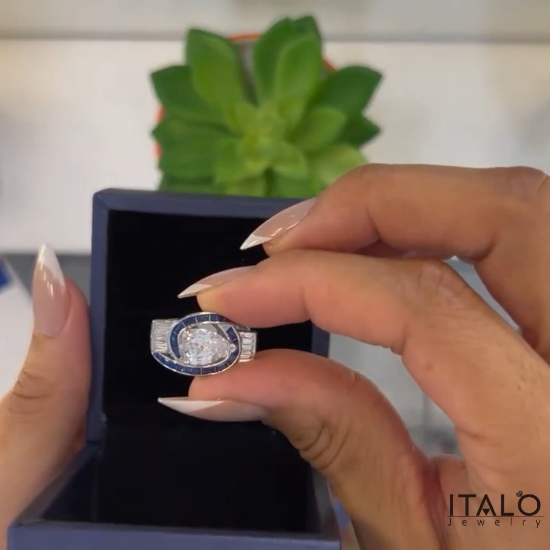 Italo Art Deco Pear Shaped Blue Sapphire Engagement Ring For Women