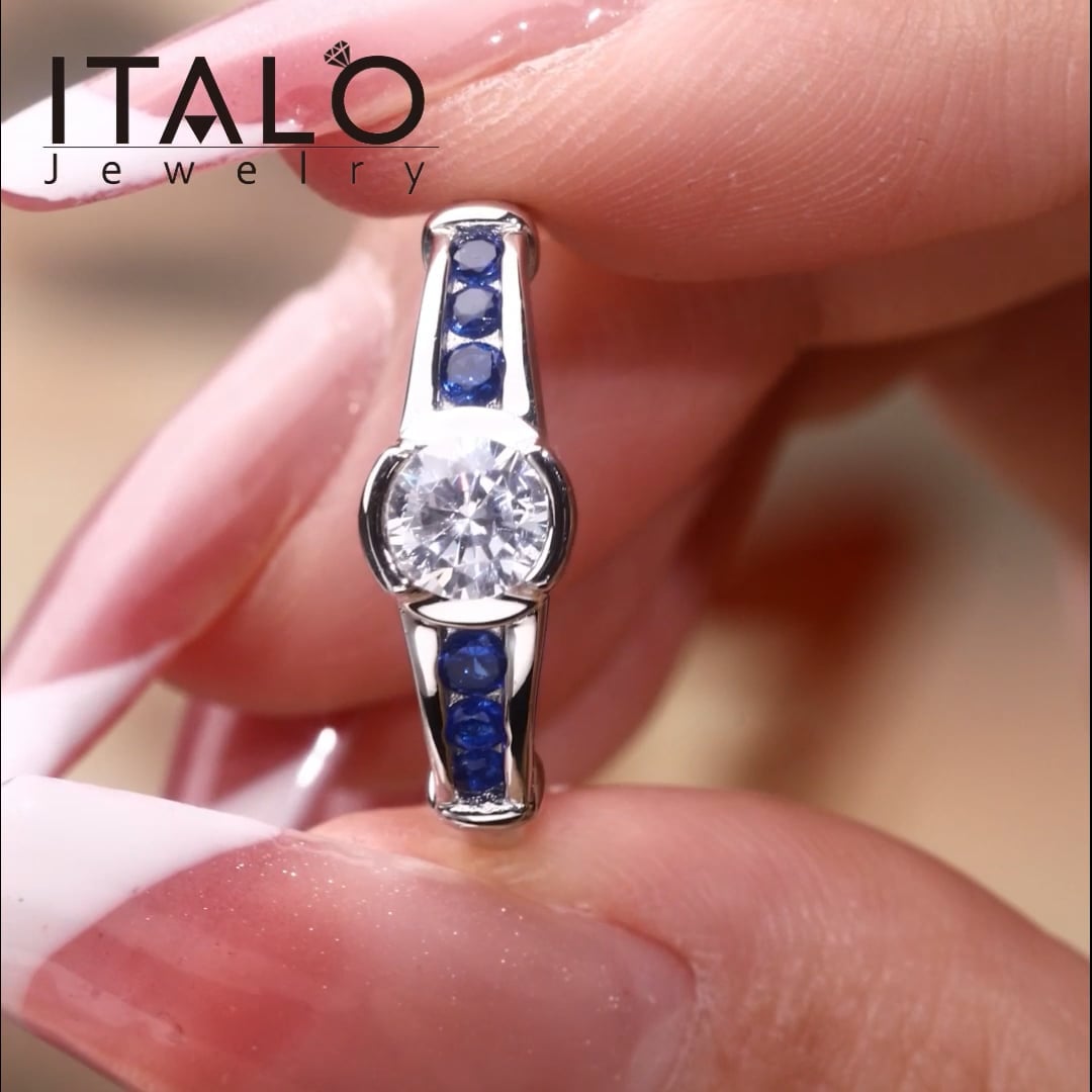 Italo Bezel Blue Sapphire Ring White Sapphire Engagement Rings