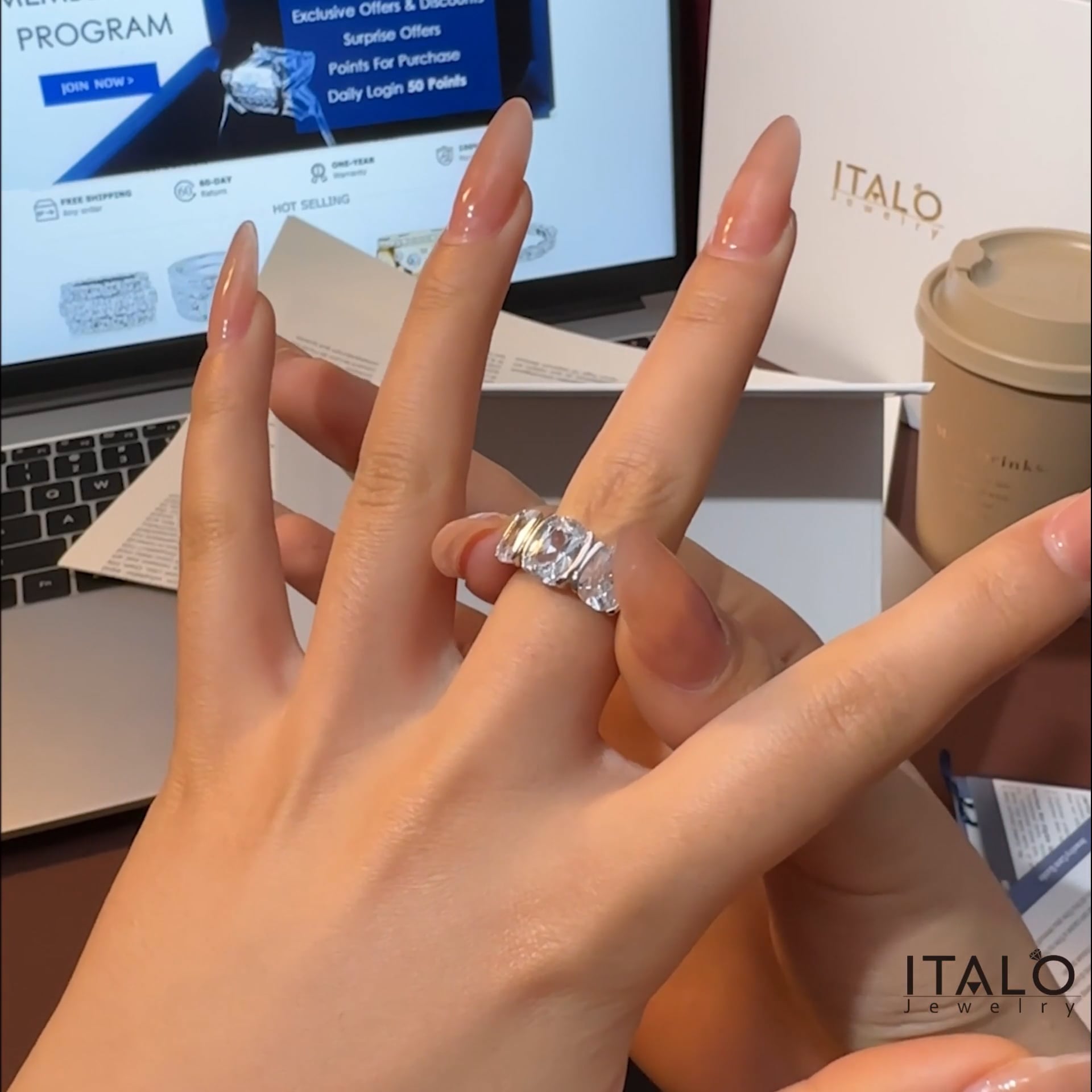 Italo Half Bezel 3 Carat Cushion Cut Three Stone Engagement Ring For Women