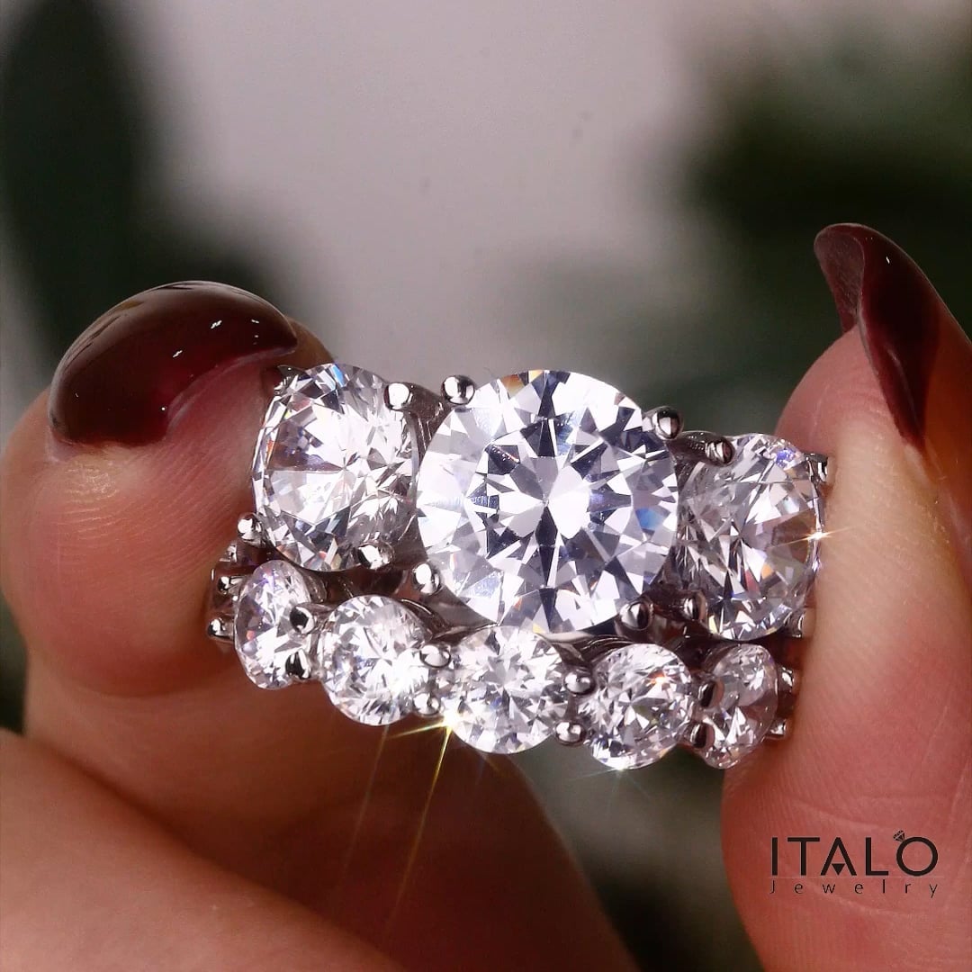 Italo Three Stone Engagement Rings Sets In 925 Sterling Silver