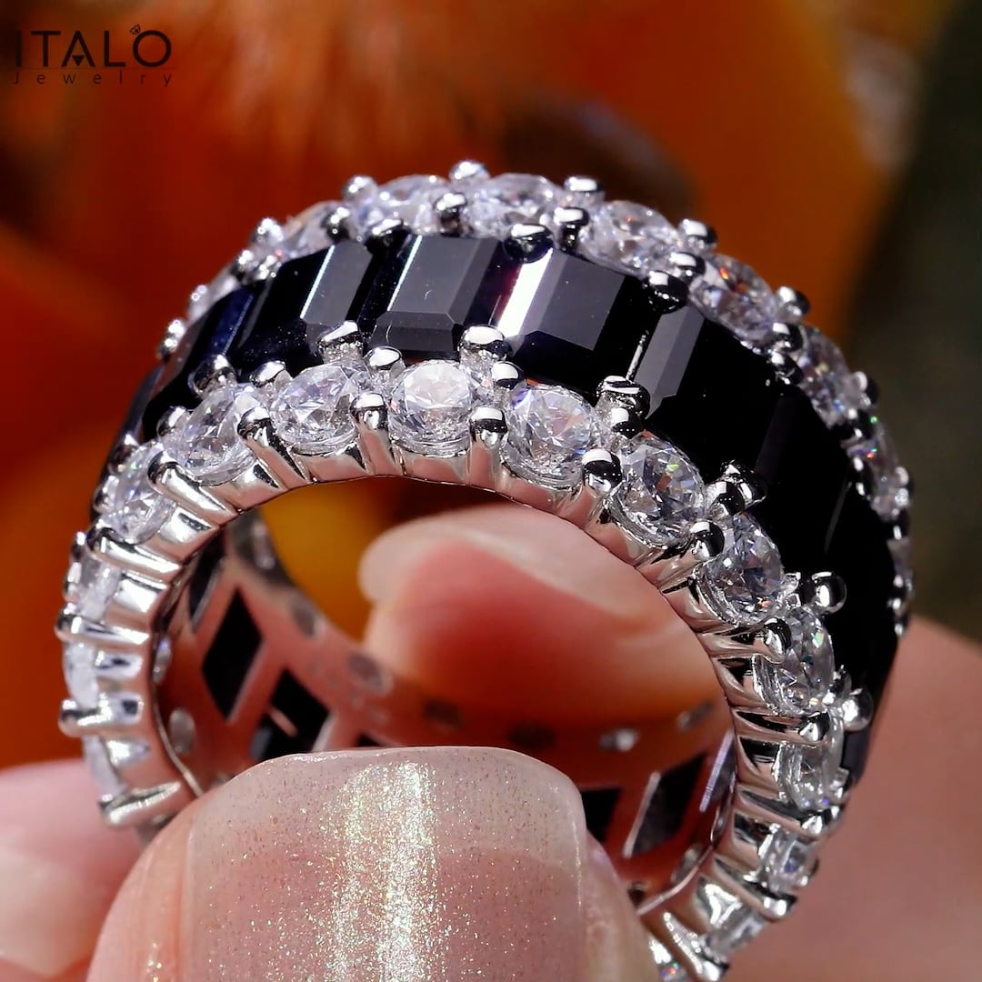Italo Triple Row Created Emerald Black Sapphire Wedding Band