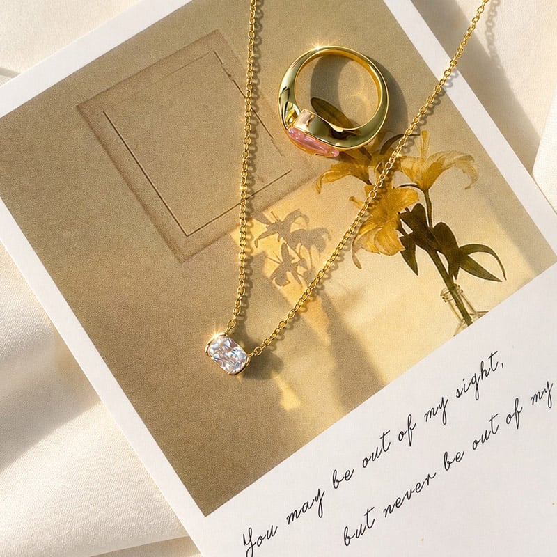Italo Golden Half Bezel Cushion Cut Pendant Necklace For Women