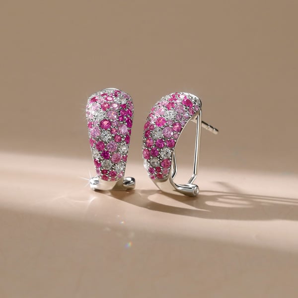 Italo Micro Pave Pink Stone Silver Hoop Earrings For Women