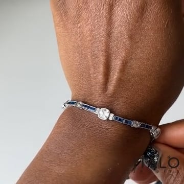 Milgrain Cushion White & Blue Sapphire Tennis Bracelet In Silver With Filigree